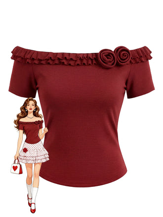 [Pre-Sale] Red 1950s Off-Shoulder Double Layer Ruffled Rose Knit Top