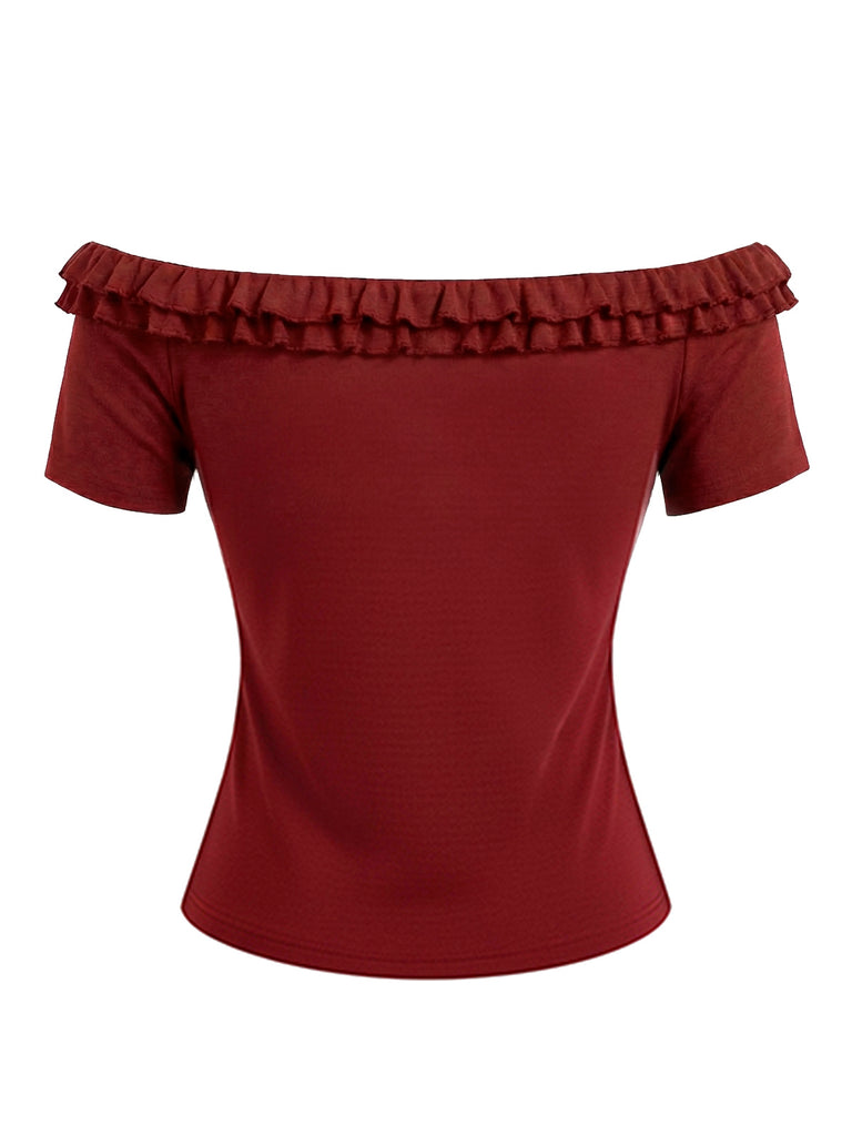 [Pre-Sale] Red 1950s Off-Shoulder Double Layer Ruffled Rose Knit Top