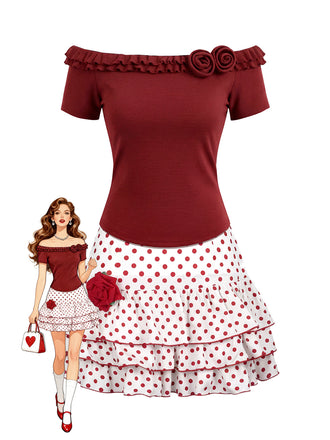 [Pre-Sale] 2PCS Red 1950s Ruffled Rose Knit Top & Polka Dot Skirt