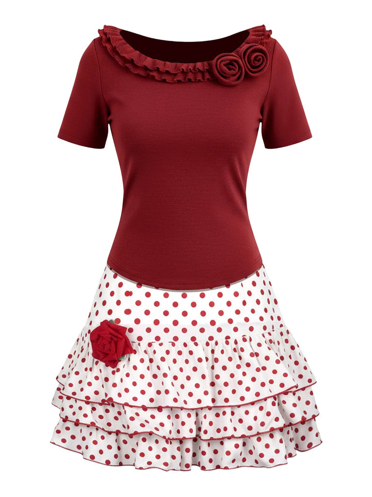 [Pre-Sale] 2PCS Red 1950s Ruffled Rose Knit Top & Polka Dot Skirt