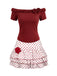 [Pre-Sale] 2PCS Red 1950s Ruffled Rose Knit Top & Polka Dot Skirt