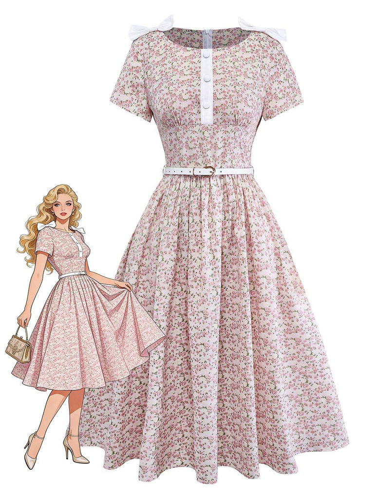 [Pre-Sale] Pink 1940s Ditsy Floral Bow Belted Dress