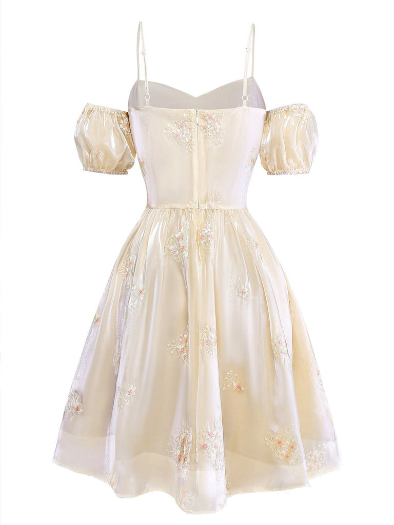 [Pre-Sale] White 1950s Embroidered Puff Sleeve Organza Dress