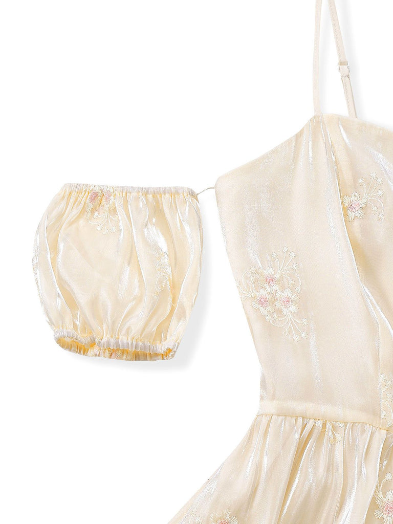 [Pre-Sale] White 1950s Embroidered Puff Sleeve Organza Dress