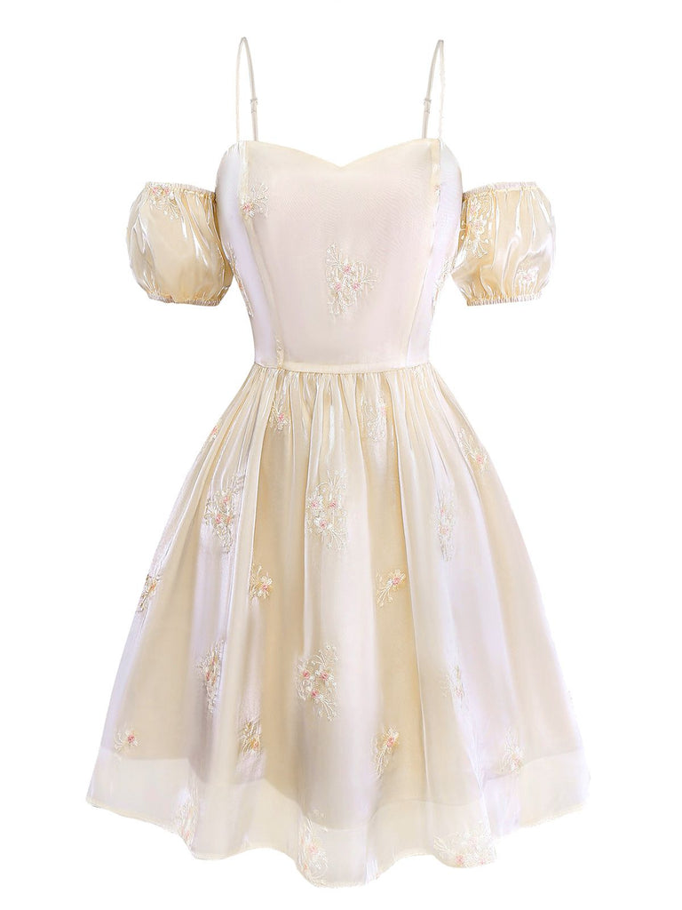 [Pre-Sale] White 1950s Embroidered Puff Sleeve Organza Dress