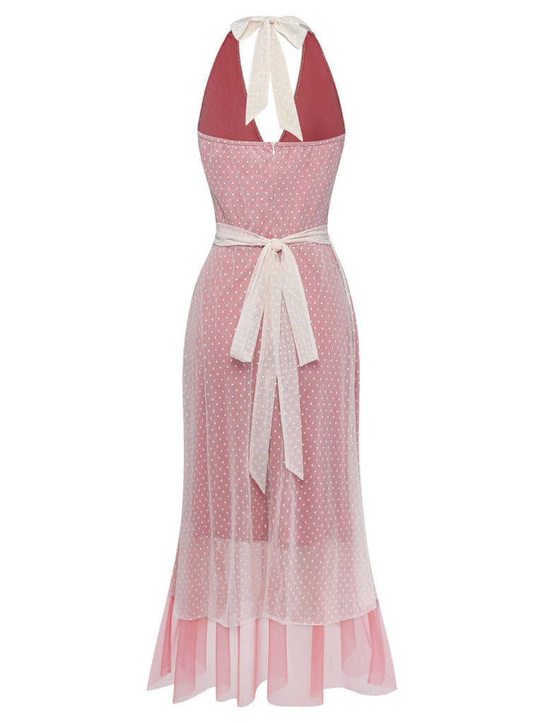 [Pre-Sale] Rose Pink 1930s Polka Dot Mesh V-Neck Dress