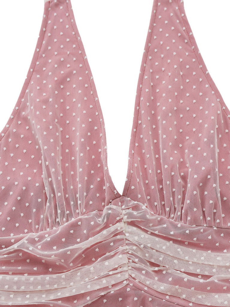 [Pre-Sale] Rose Pink 1930s Polka Dot Mesh V-Neck Dress