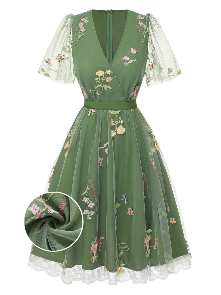 [Pre-Sale] Green 1950s Floral Puff Sleeve Mesh Embroidered Dress