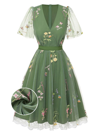 [Pre-Sale] Green 1950s Floral Puff Sleeve Mesh Embroidered Dress