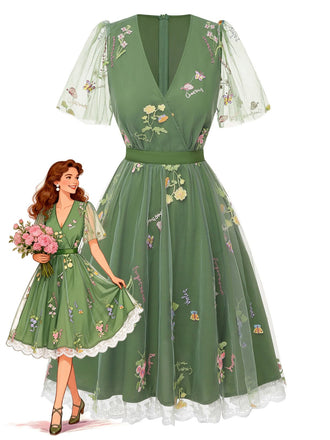 [Pre-Sale] Green 1950s Floral Puff Sleeve Mesh Embroidered Dress