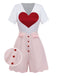 [Pre-Sale] White 1960s Heart Print Pink Button Detail Romper