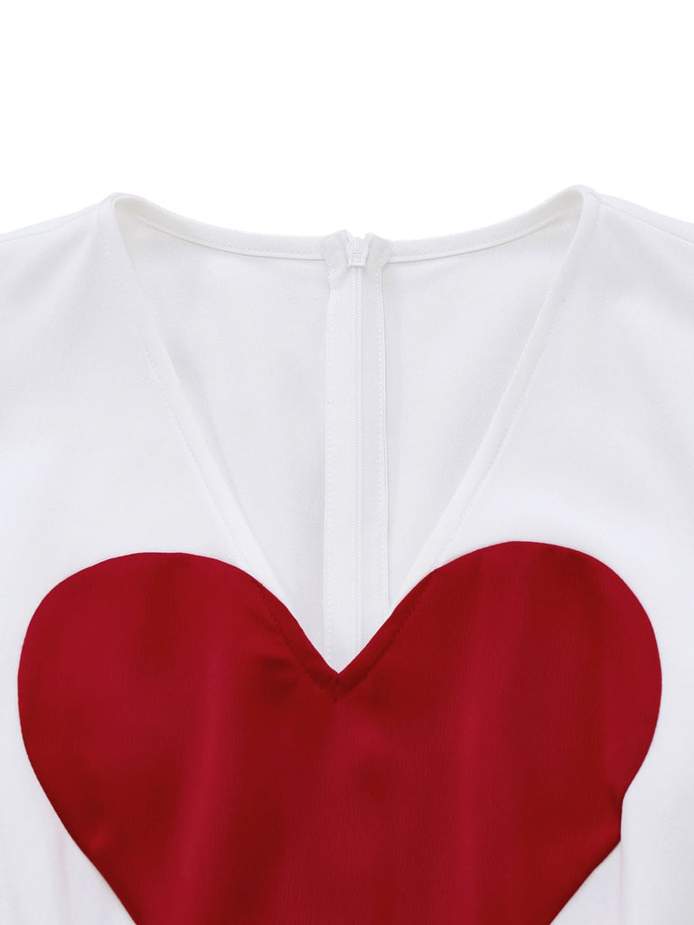 [Pre-Sale] White 1960s Heart Print Pink Button Detail Romper