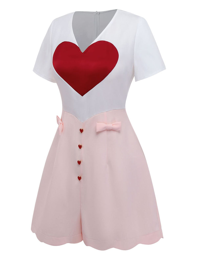 [Pre-Sale] White 1960s Heart Print Pink Button Detail Romper