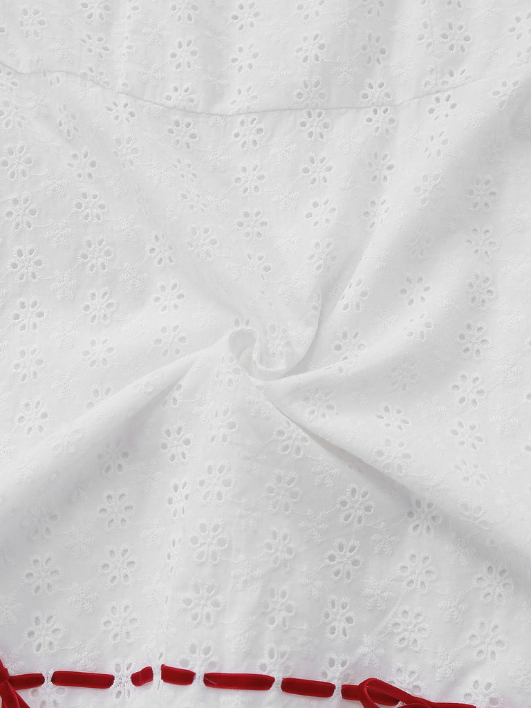 [Pre-Sale] White 1960s Cotton Embroidered Bow Puff Ruffled Dress