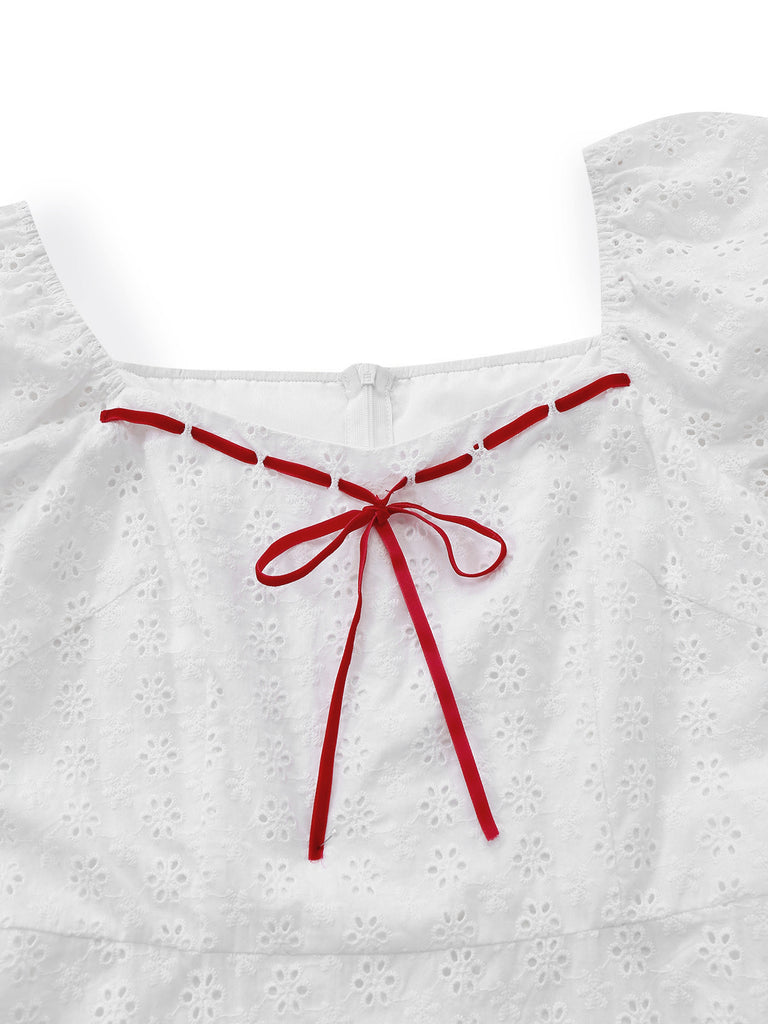 [Pre-Sale] White 1960s Cotton Embroidered Bow Puff Ruffled Dress