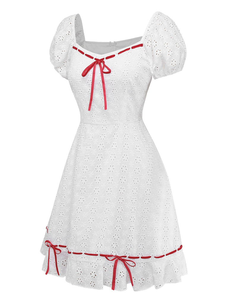 [Pre-Sale] White 1960s Cotton Embroidered Bow Puff Ruffled Dress