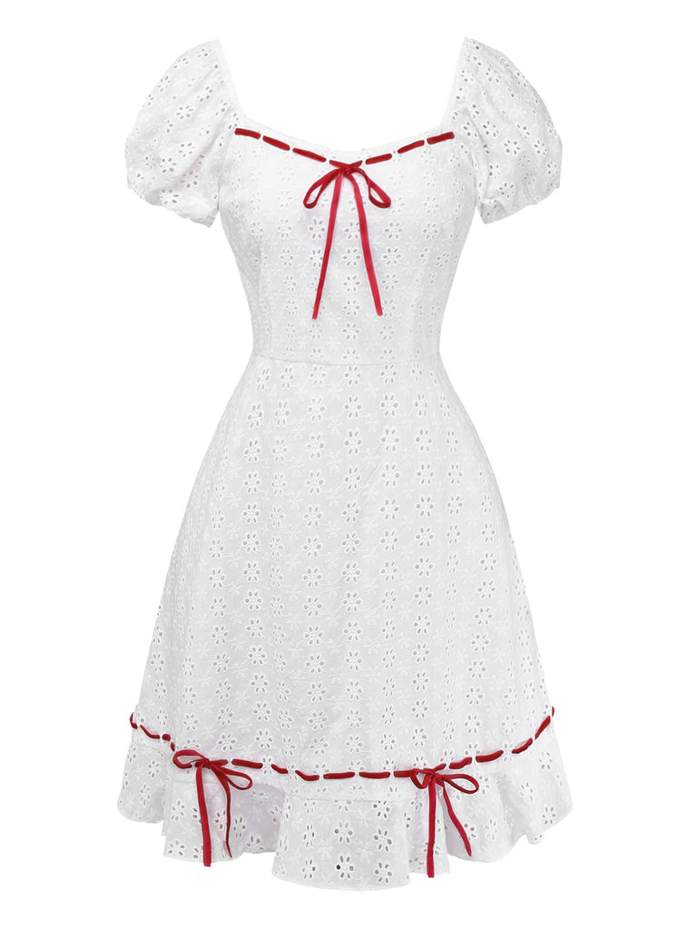 [Pre-Sale] White 1960s Cotton Embroidered Bow Puff Ruffled Dress