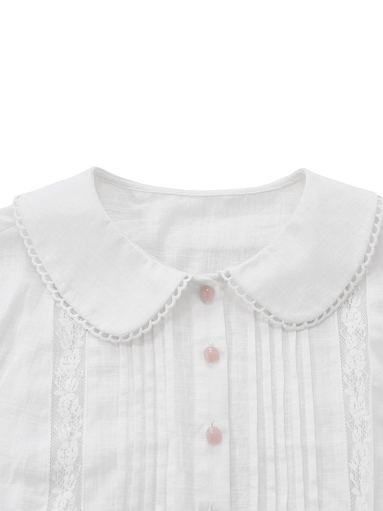 [Pre-Sale] White 1950s Cotton Peter Pan Collar Tucked Lace Blouse