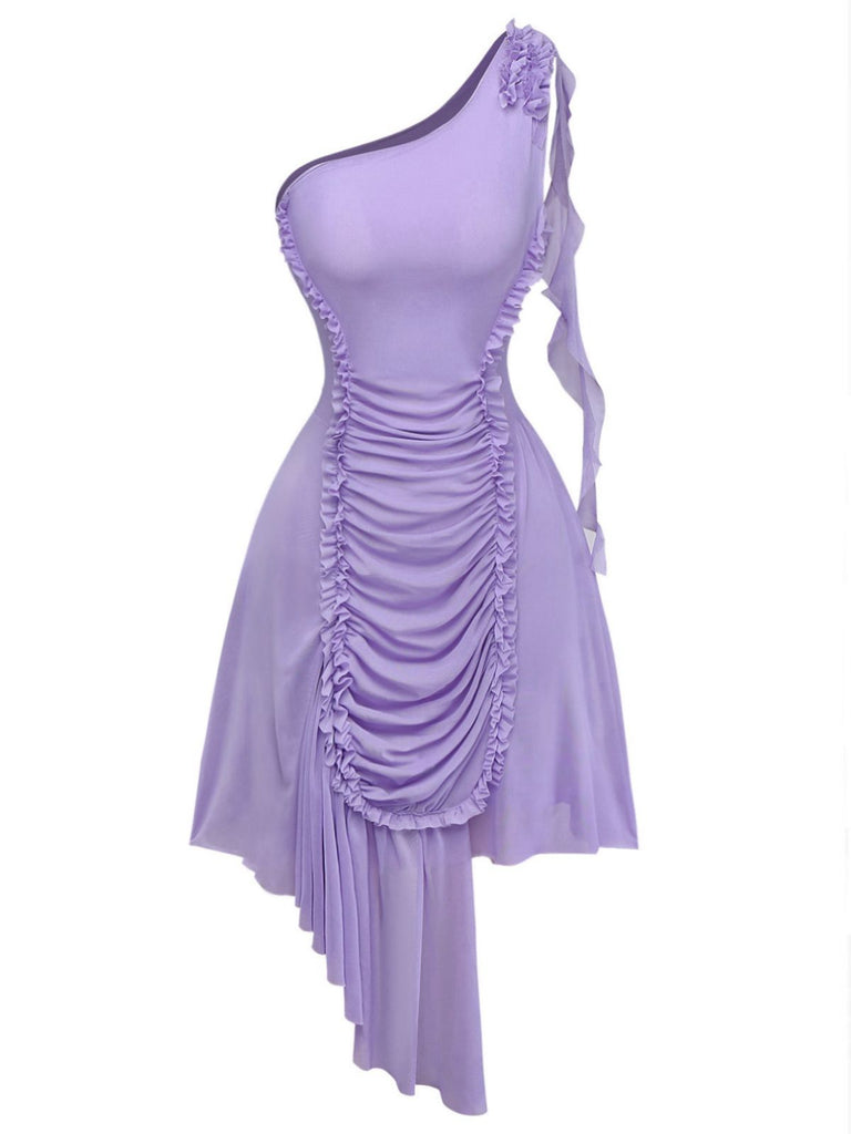 Purple 1970s Mesh One-Shoulder Ruffled Asymmetrical Dress