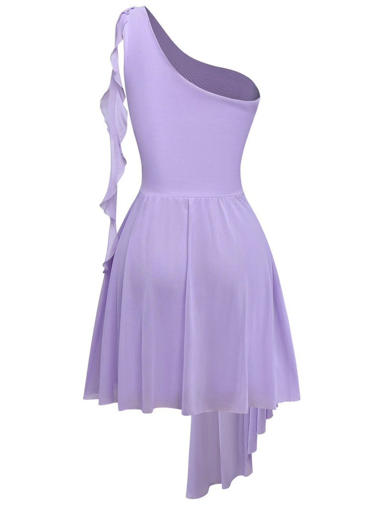 Purple 1970s Mesh One-Shoulder Ruffled Asymmetrical Dress