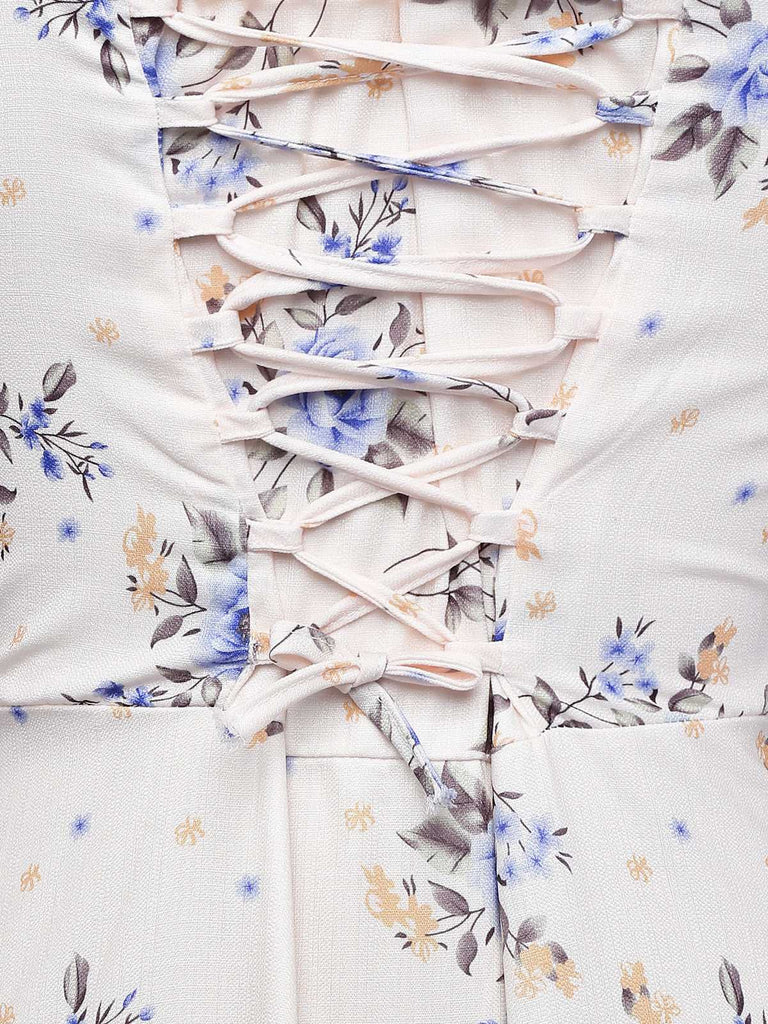 Beige 1950s Floral Lace-Up Side-Slit Dress