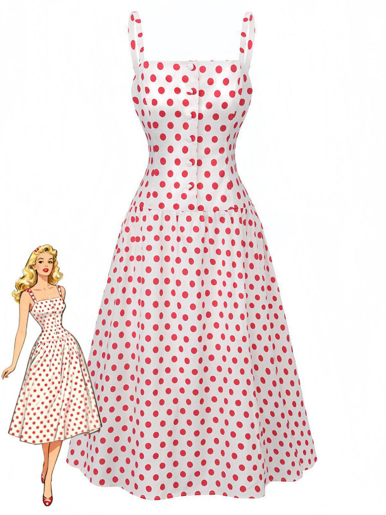 Red 1950s Polka Dot Square Neck Wide Strap Dress