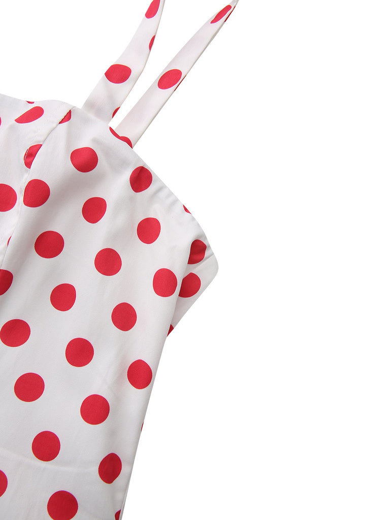 Red 1950s Polka Dot Square Neck Wide Strap Dress
