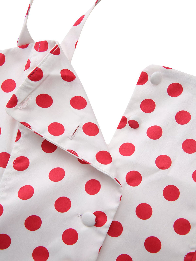 Red 1950s Polka Dot Square Neck Wide Strap Dress