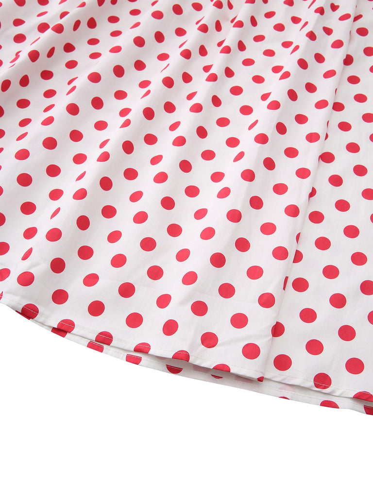 Red 1950s Polka Dot Square Neck Wide Strap Dress