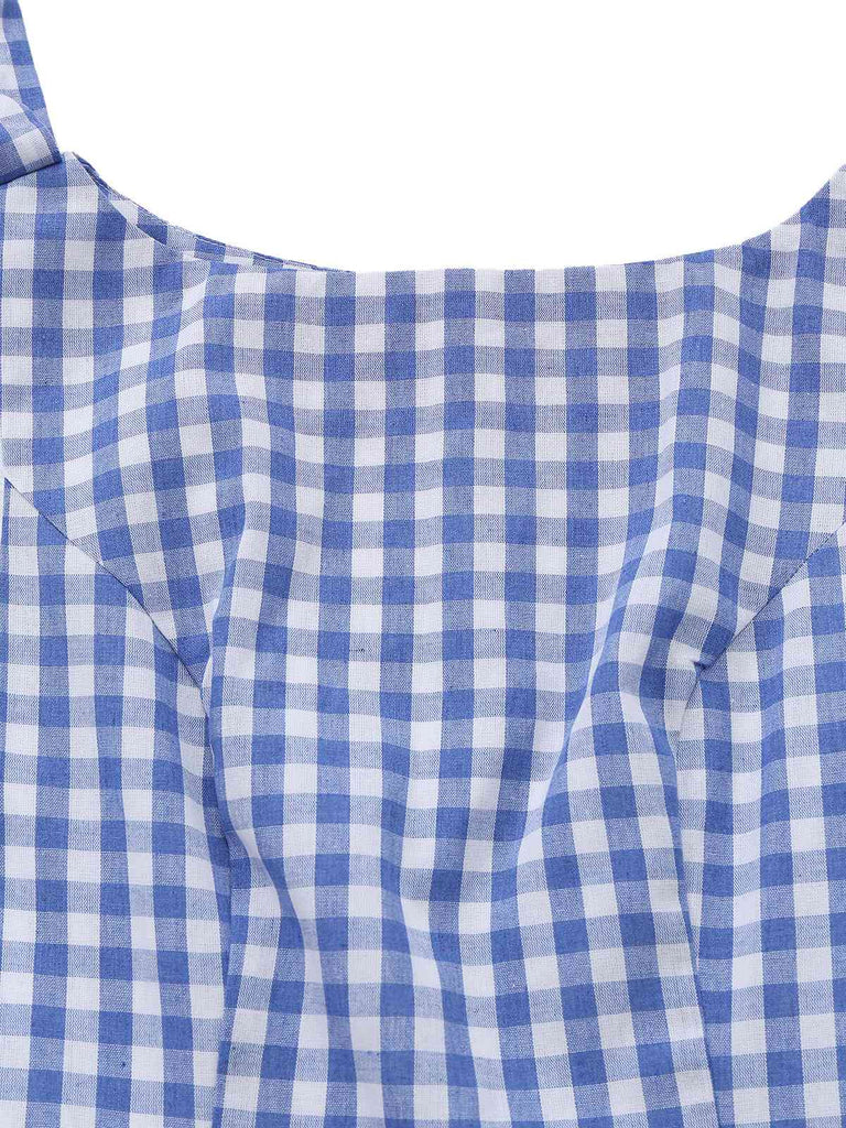 Blue 1960s Gingham Plaid Shoulder-Tie Empire Dress