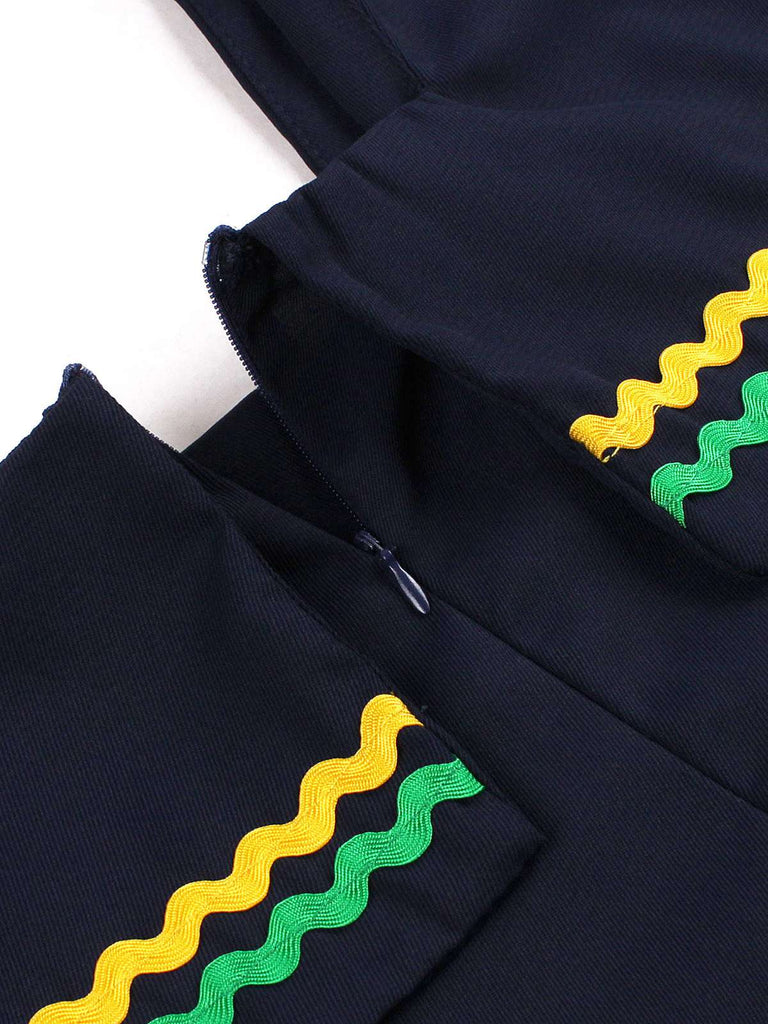 Navy Blue 1950s Square Neck Wavy Striped Sleeveless Dress