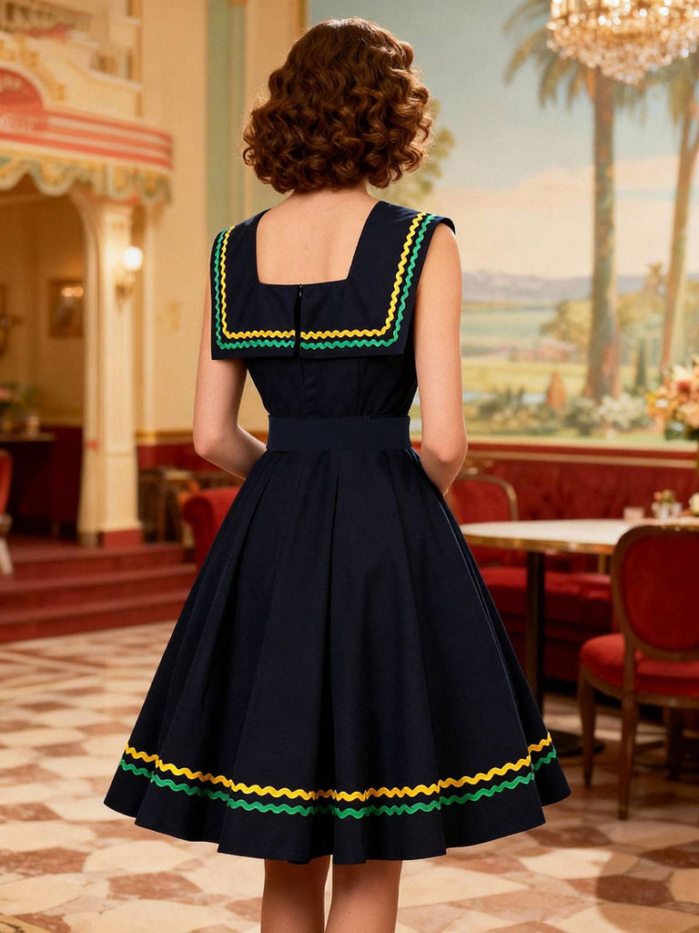 Navy Blue 1950s Square Neck Wavy Striped Sleeveless Dress