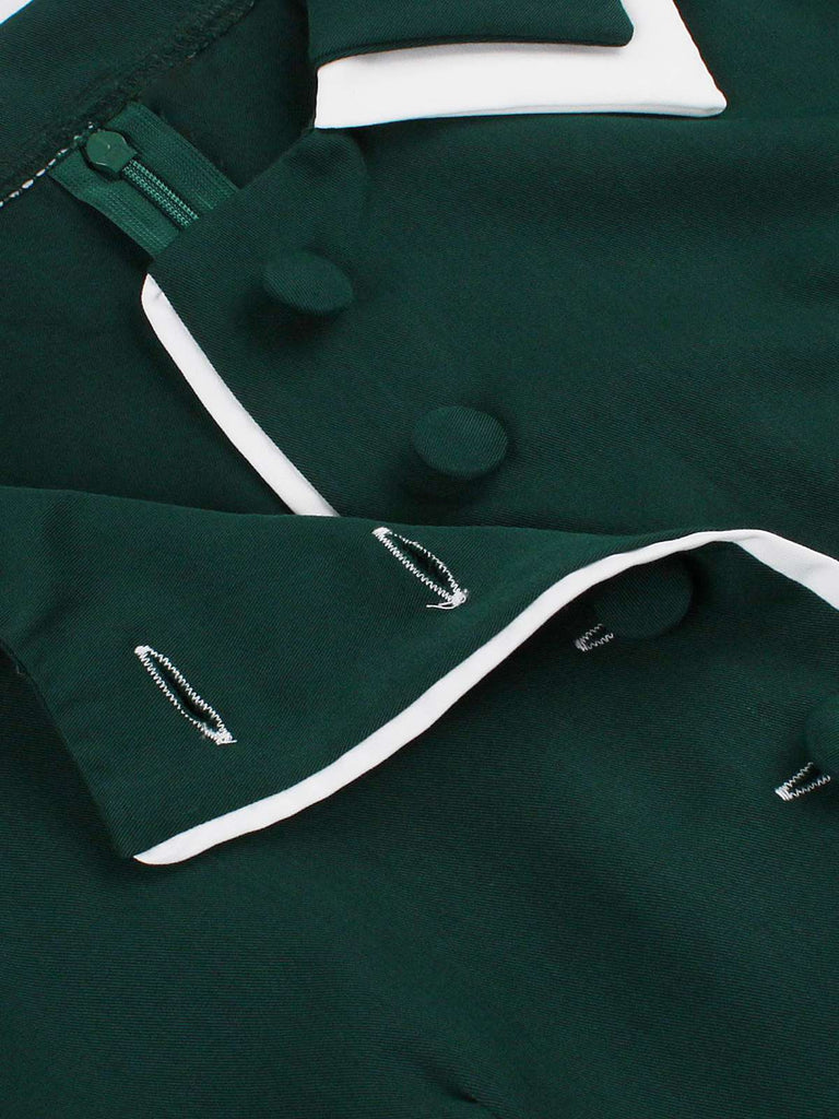 Dark Green 1950s Contrasted Lapel Swing Dress