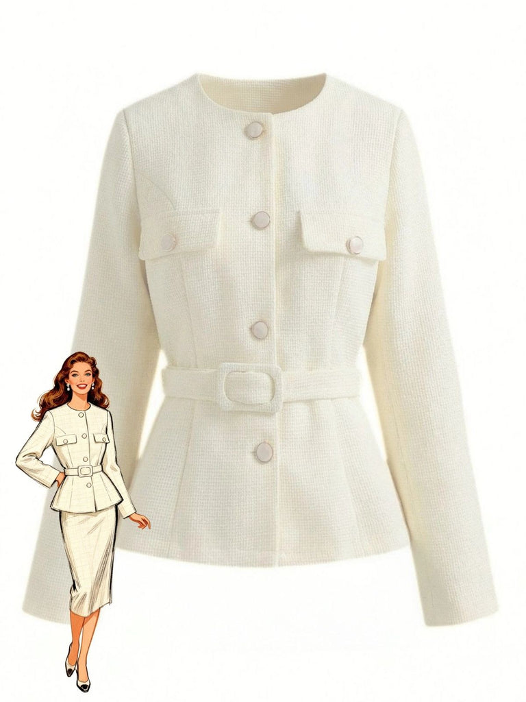 Beige 1950s Long Sleeve Buttons Suit Jacket