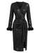 Black 1960s Faux Leather Belted Feather Sleeve Dress