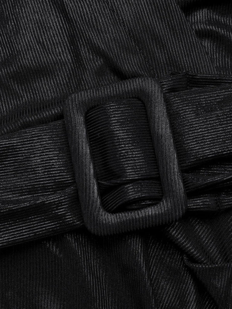 Black 1960s Faux Leather Belted Feather Sleeve Dress