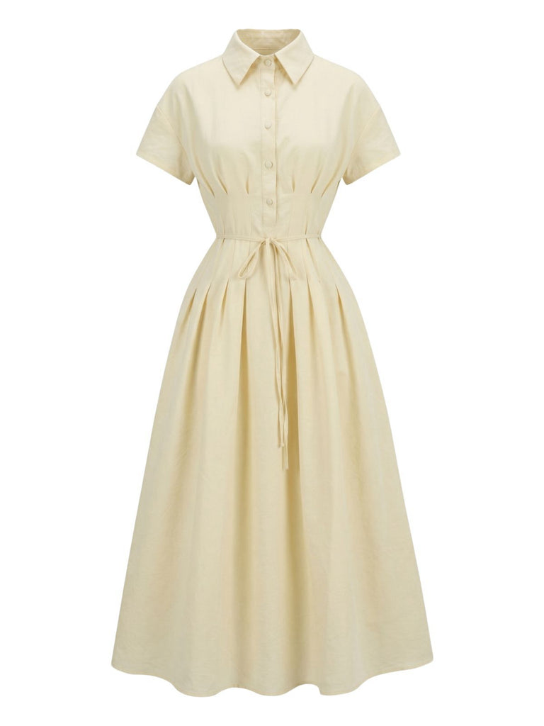 Yellow 1940s Waist-Tie Button Shirt Collar Dress
