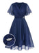 [Pre-Sale] [Plus Size] Navy Blue 1940S Wrap V-neck Short-Sleeve Brooch Chiffon Dress