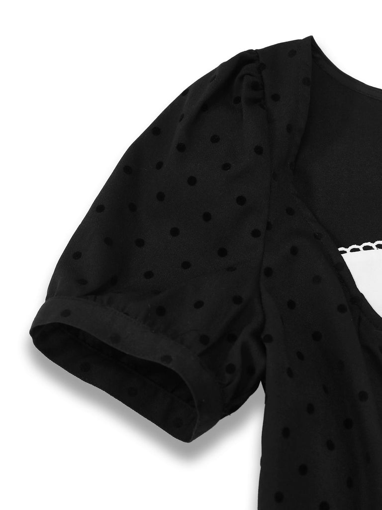 [Pre-Sale] Black 1960s Polka Dot Colorblock Bow Dress