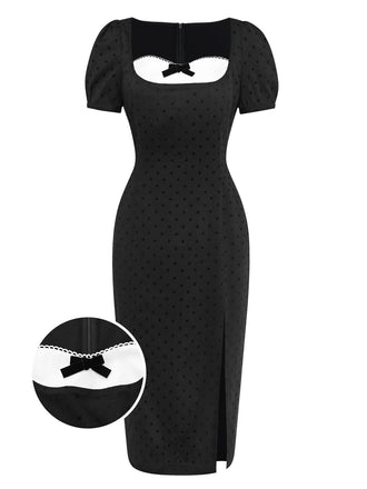 [Pre-Sale] Black 1960s Polka Dot Colorblock Bow Dress