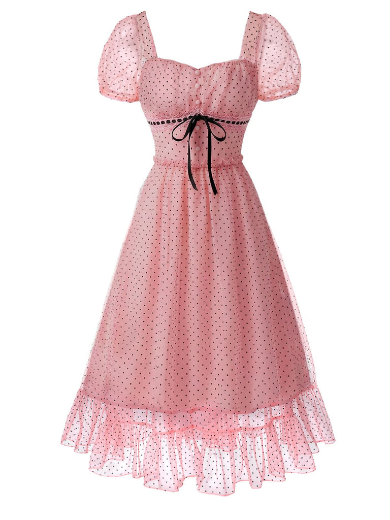 [Pre-Sale] Pink 1950s Polka Dot Square-Neck Ruffle Mesh Dress