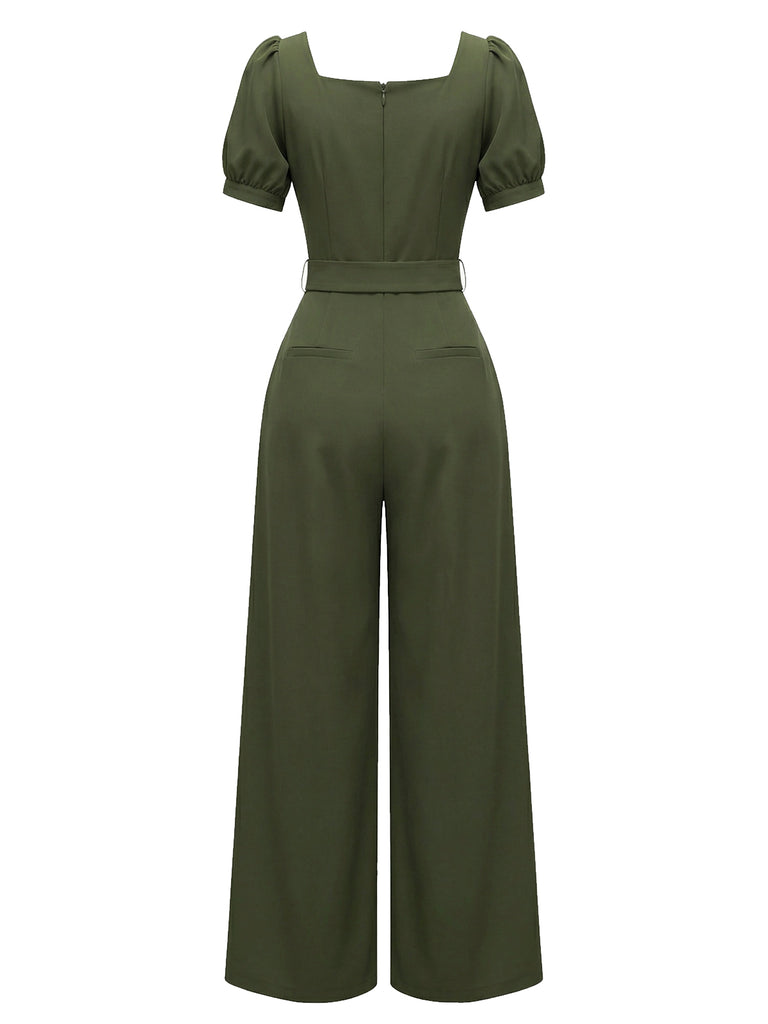 [Pre-Sale] Green 1960s Solid Ruffle Puff Sleeve Jumpsuit