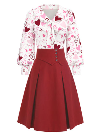 [Pre-Sale] 2PCS 1960s Valentine's Day Tie Neck Blouse & Heart Button Skirt