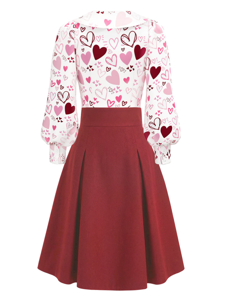 [Pre-Sale] 2PCS 1960s Valentine's Day Tie Neck Blouse & Heart Button Skirt