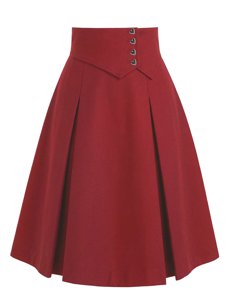 [Pre-Sale] Wine Red 1960s Valentine's Day Heart Button Skirt
