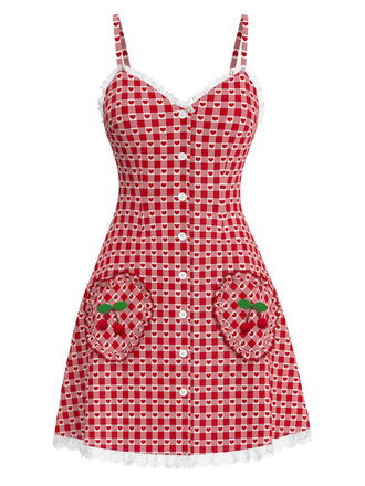 [Pre-Sale] Red 1960s Heart Cherry Plaid Lace Slip Dress