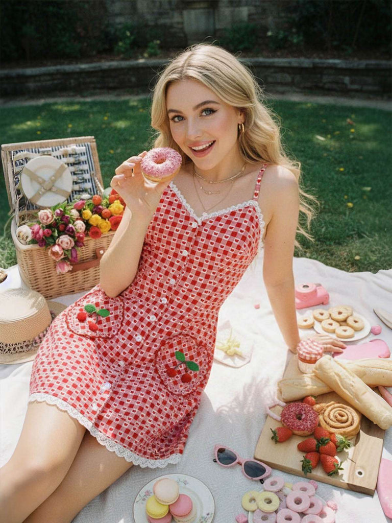 [Pre-Sale] Red 1960s Heart Cherry Plaid Lace Slip Dress