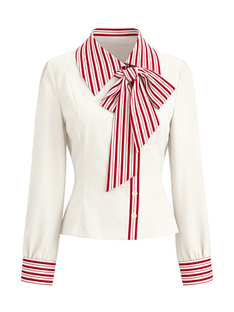 [Pre-Sale] 1940s Red & White Striped Asymmetrical Patchwork Lace-up Blouse