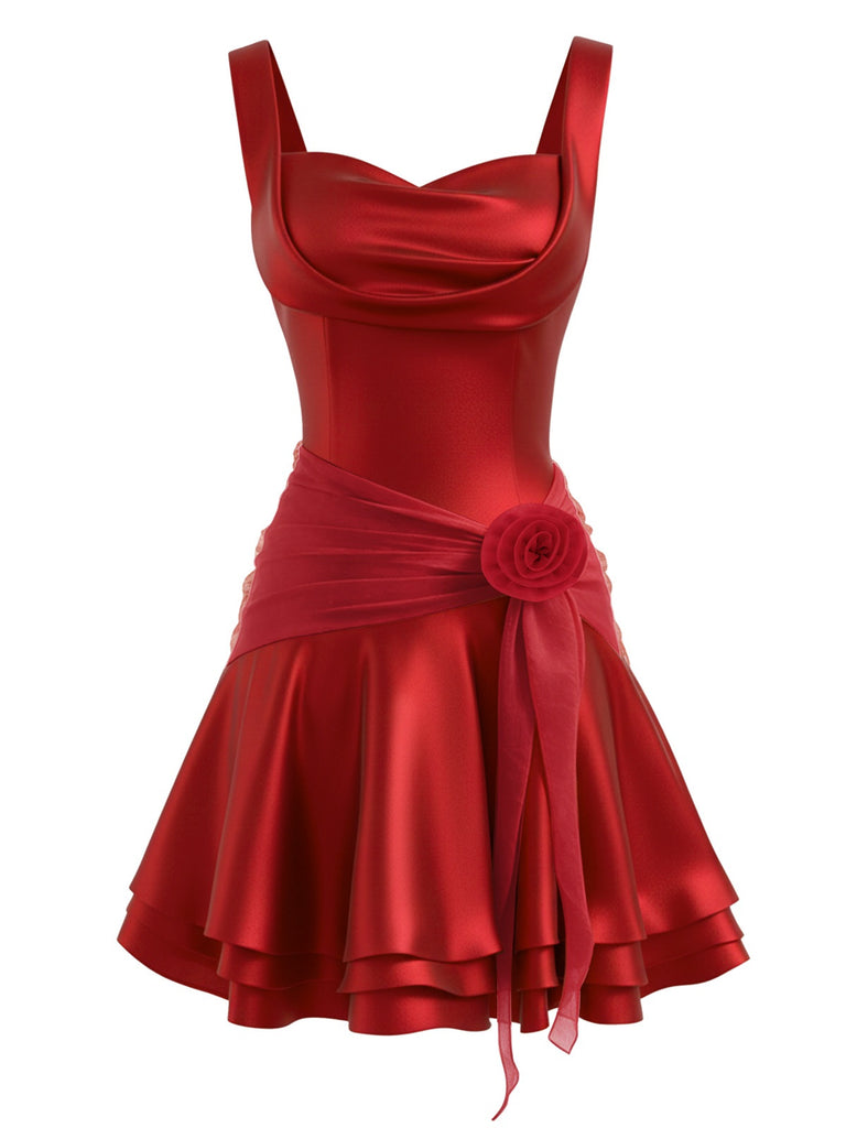 [Pre-Sale] Wine Red 1980s Satin Rose Multi-Layer Dress
