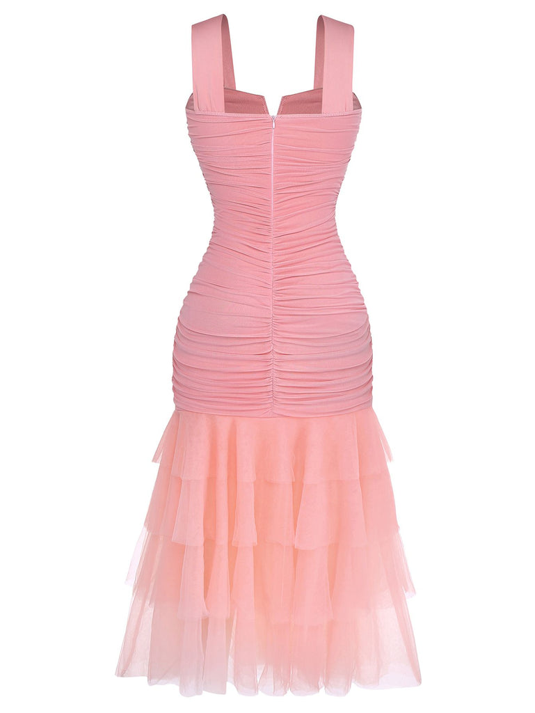 1930s Solid Mesh Patchwork Ruched Bodycon Dress